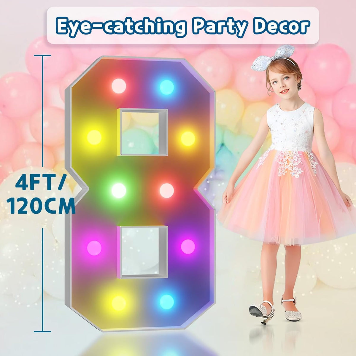 imprsv 4FT Colorful Marquee Numbers,18 Colors Number 8 with Remote, Light Up Sign for 8th Birthday