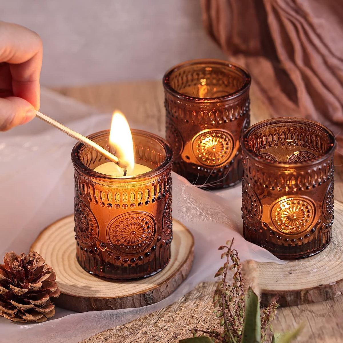 DARJEN Amber Votive Candle Holders Set of 36- Glass Candle Holders Bulk for Flameless LED Tea
