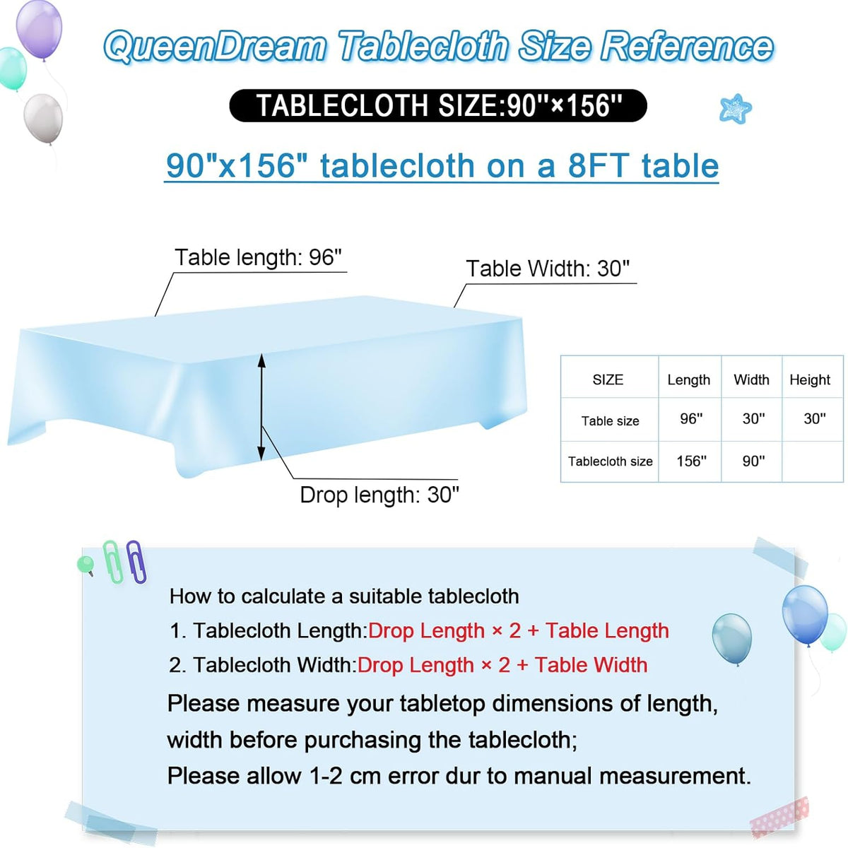 QueenDream Baby Blue Sequin Tablecloth 90x156 Inch Glitter Table Cloth for Baby Shower Birthday