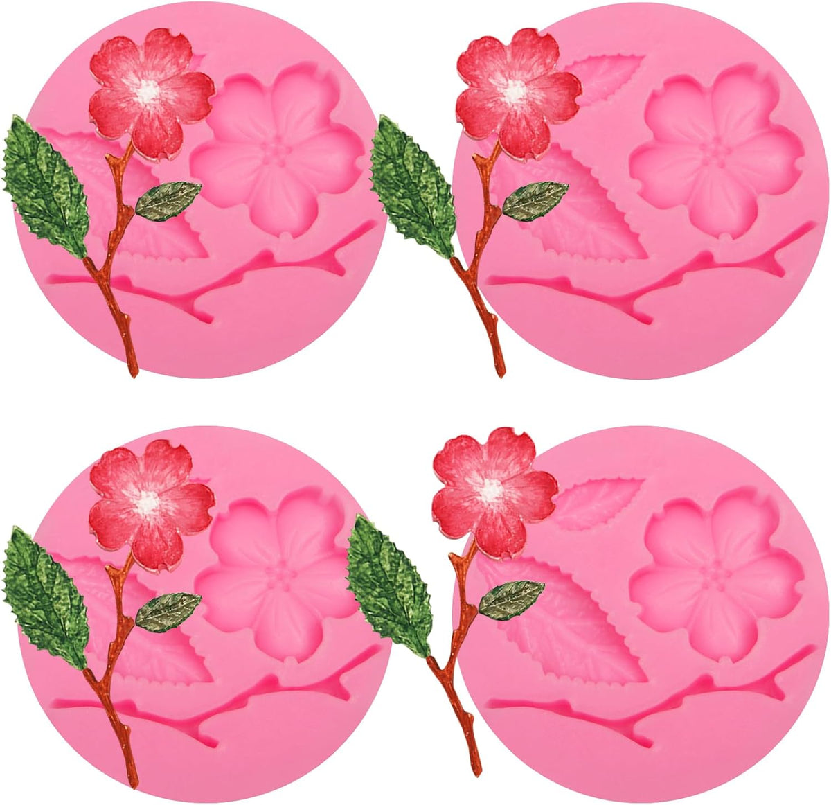 Peach Blossom Shape Molds 4 Pcs, Plant Flowers Leaf Fondant Silicone Molds for Cake Decoration