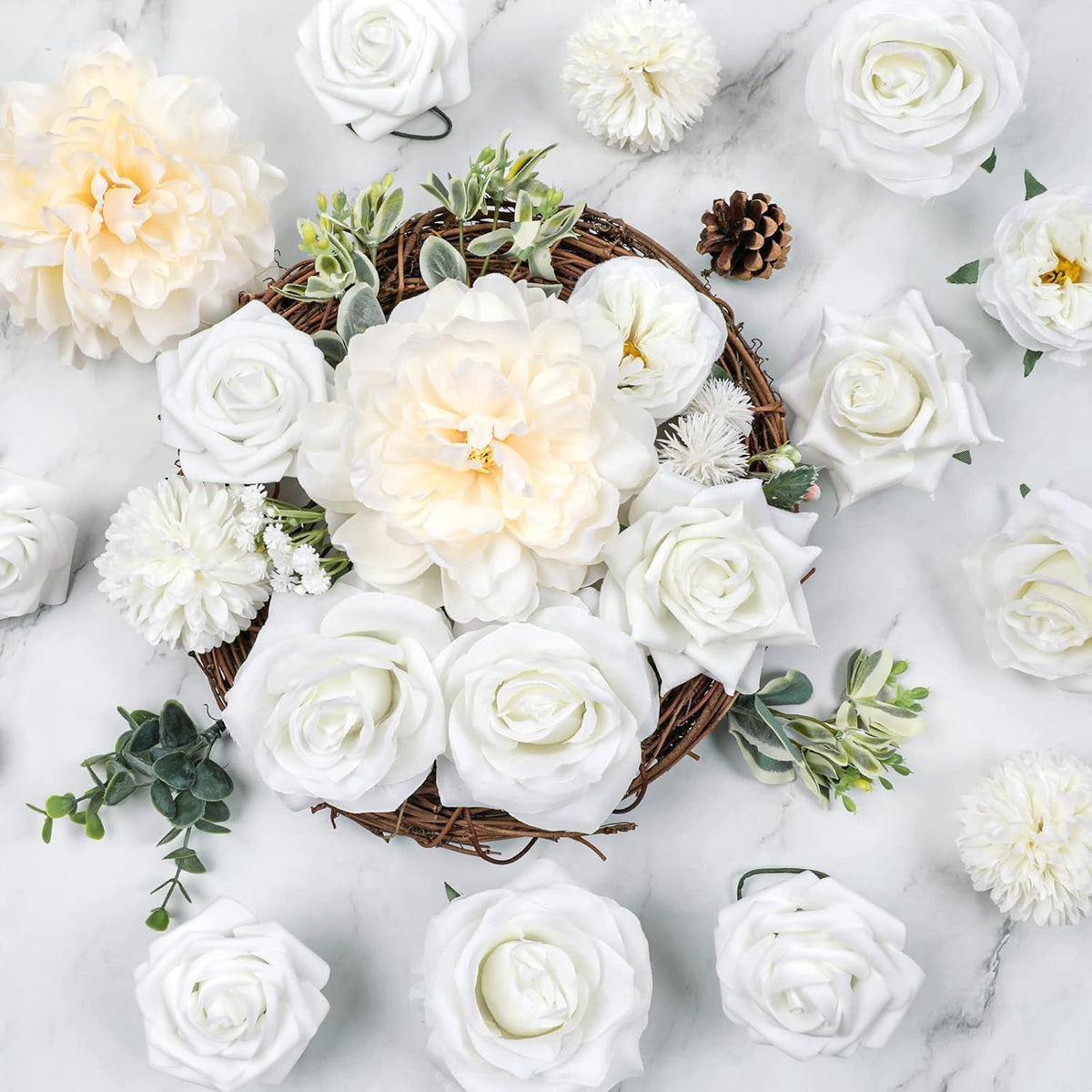 AmyHomie White Artificial Flowers Combo Silk Mix Peony Rose Hydrangea Daisy Fake Flowers w/Stem for