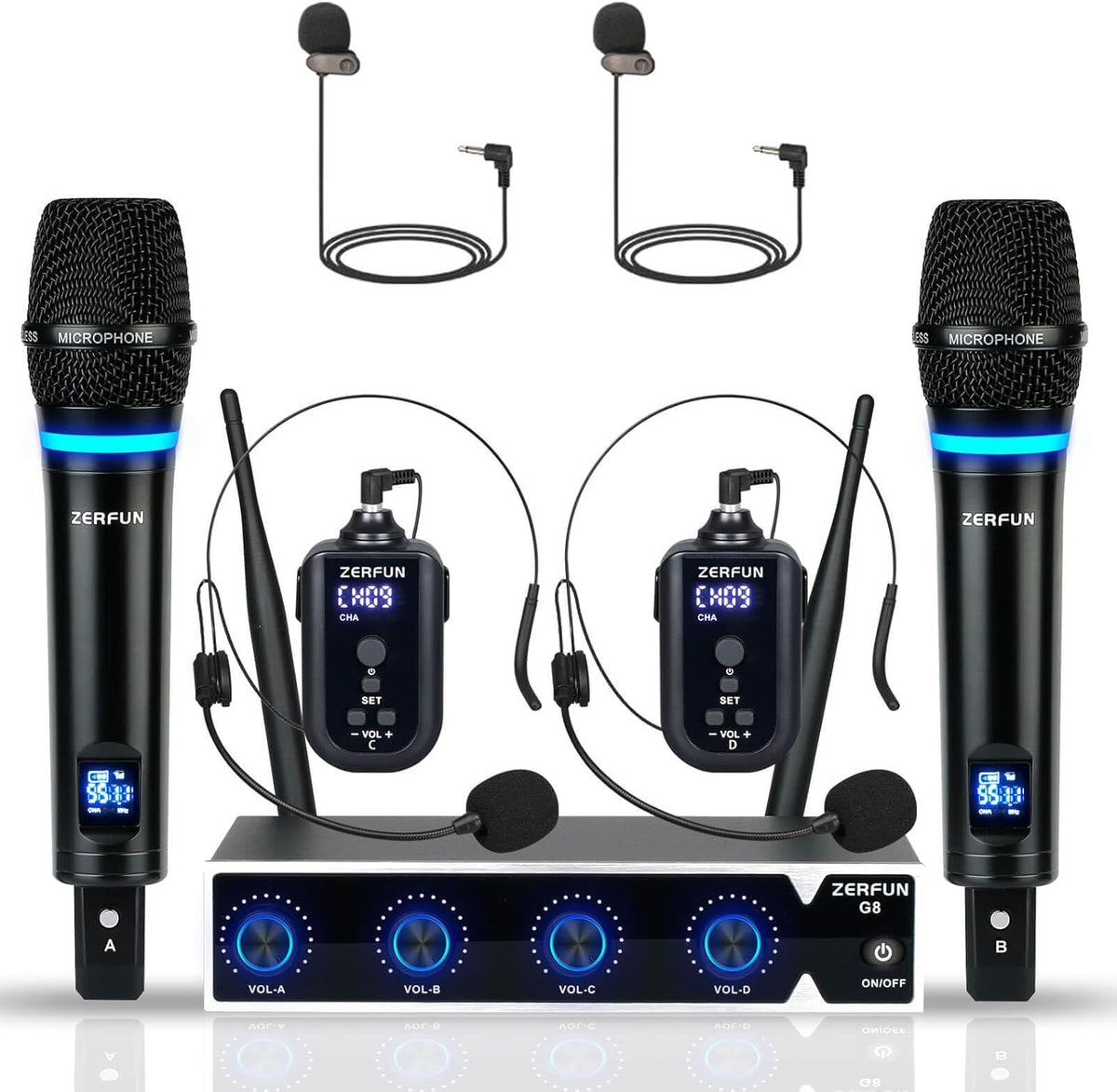 4 Channel Rechargeable Wireless Microphone System, Pro UHF Metal Handheld Headset Lavalier Lapel