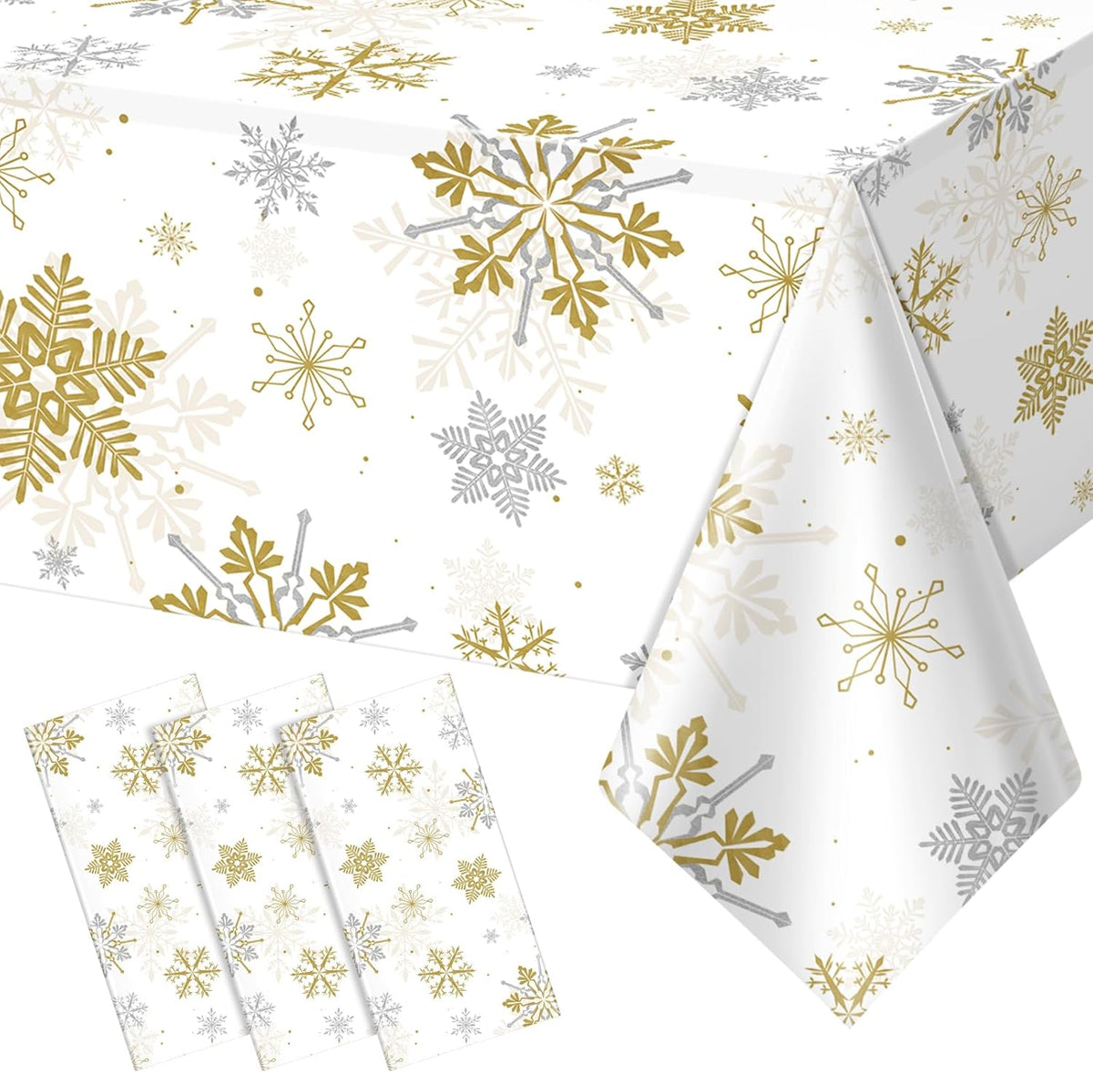 Jectivs 3Pcs Christmas Snowflake Party Tablecloths Decorations,Plastic White and Gold Table