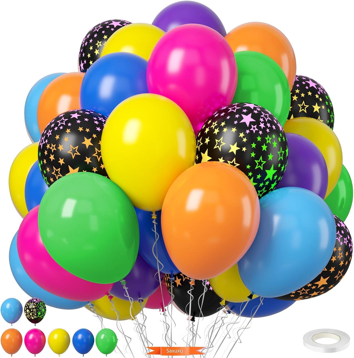 Neon Balloons, 12 Inch Yellow Orange Hot Pink Dark Blue Purple Lime Green Neon Star-Shaped Rainbow