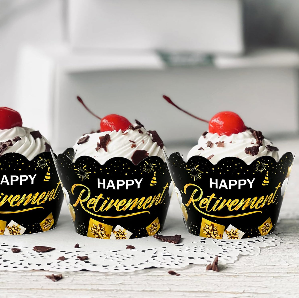 Whaline 36Pcs Happy Retirement Cupcake Wrappers Black Gold Retirement Cupcake Liners Decorative