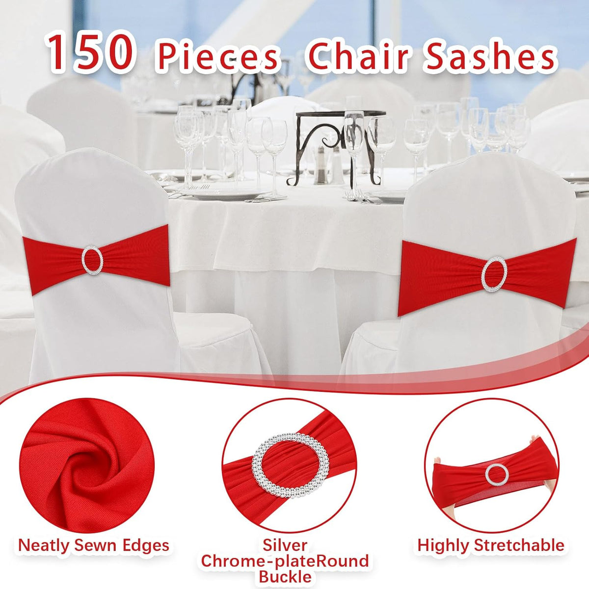 CHENGU 150 Pieces Spandex Stretch Chair Sashes Bows Elastic Chair Cover Bands Ties with Buckle