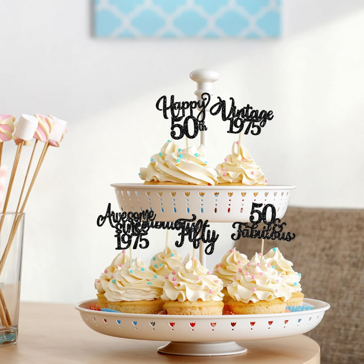 30Pcs Happy 50th Birthday Cupcake Toppers Glitter Fifty Vintage 1975 Cupcake Picks Cheers to 50