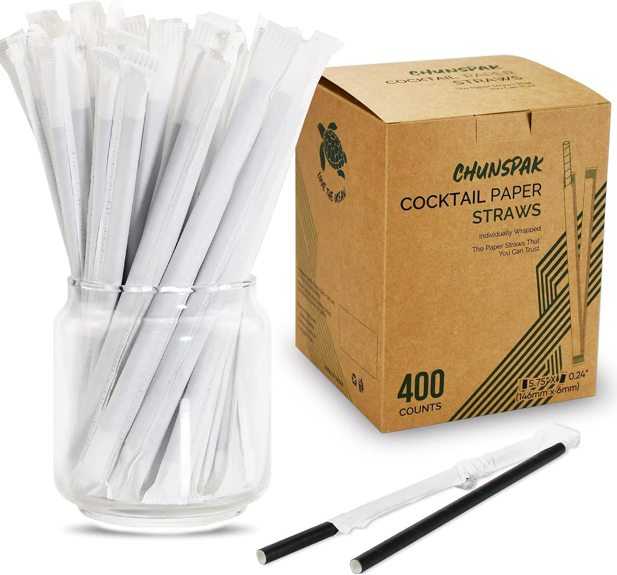 [400 Pack] Chunspak 5.75 inch Disposable Black Paper Cocktail Straws, Paper Bar Stirrers