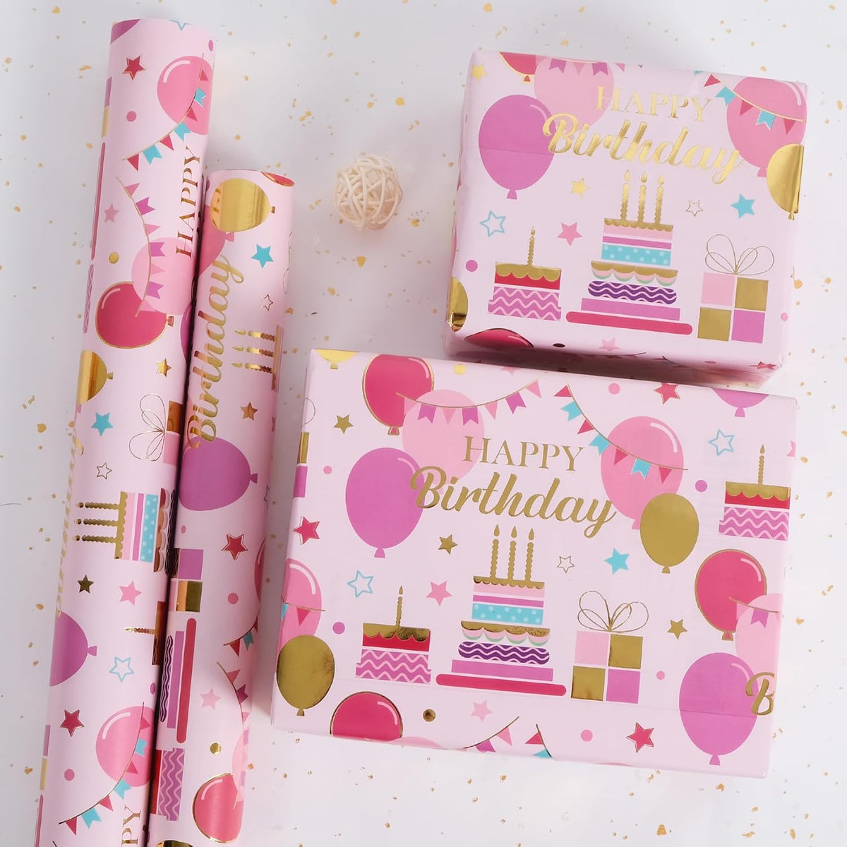 Aimyoo Pink Birthday Wrapping Paper Roll - 17 Inch X 32.8 Feet - Gold Foil Celebration Cake