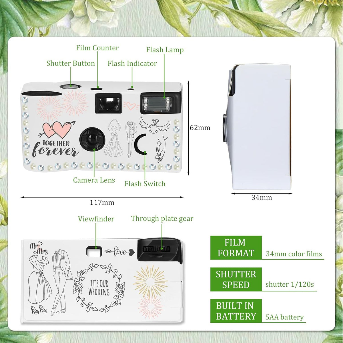 8 Pack Disposable Camera for Wedding 35 mm Film Single Use Camera with Flash Disposable White