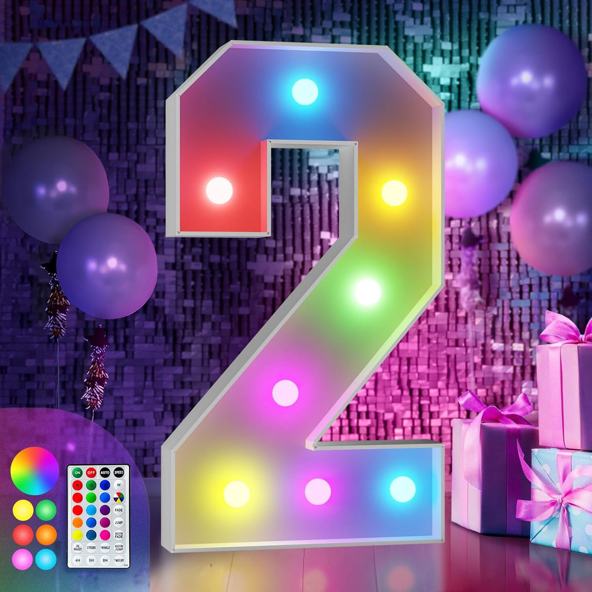 imprsv 3FT Colorful Marquee Numbers,18 Colors Number 2 with Remote, Light Up Numbers Sign for 12th