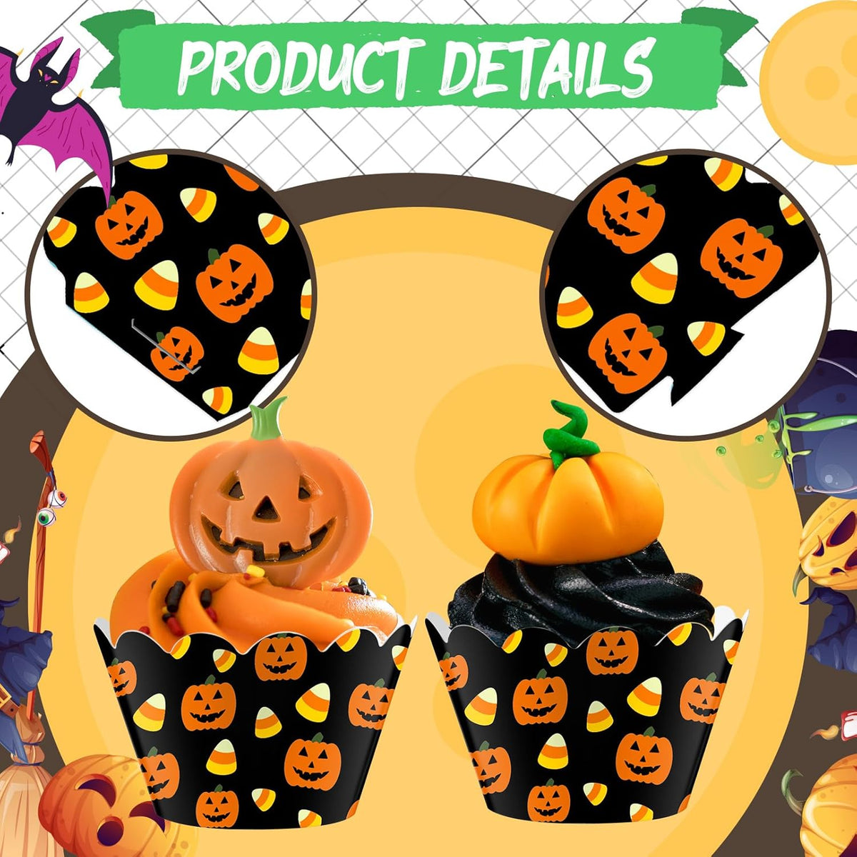 Domensi 100 Pcs Halloween Pumpkin Cupcake Wrappers Rustic Cupcake Liners Pumpkin Candy Corn Baking