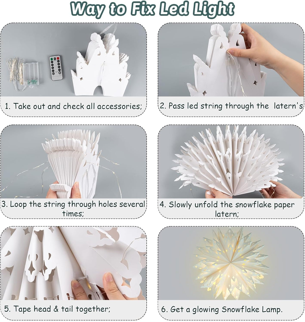 Christmas Paper Snowflake Lanterns, 2 Pack Christmas Paper Star Lantern with LED Light White