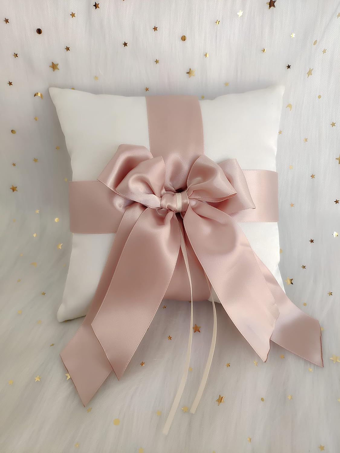 White Ring Bearer Pillow with Double Ribbon Bow Décor for Wedding Ceremony Vow Renewal Baby Shower