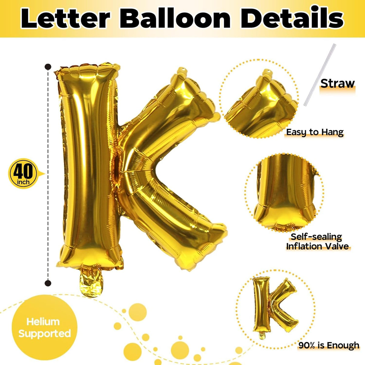 Giant K Alphabet Name Balloon, Gold Self Inflating Custom Letter Balloons Birthday Decor, 40 Inch