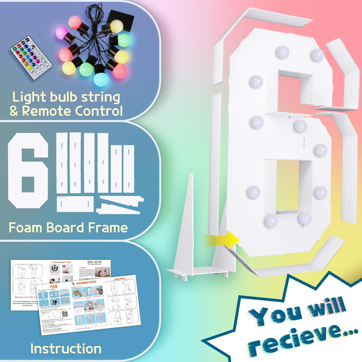 imprsv 4FT Colorful Marquee Numbers,18 Colors Number 6 with Remote, Light Up Numbers Sign for 60th