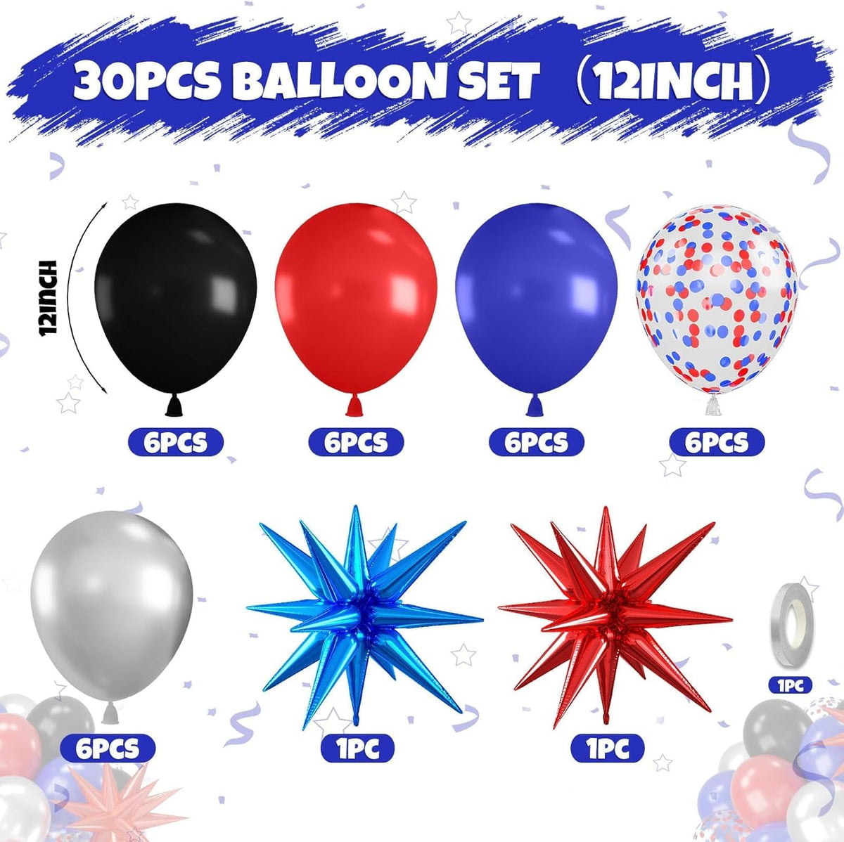 Red Blue Black Balloons, 12 Inch Black Red Royal Blue Metallic Silver Confetti Balloons with Star