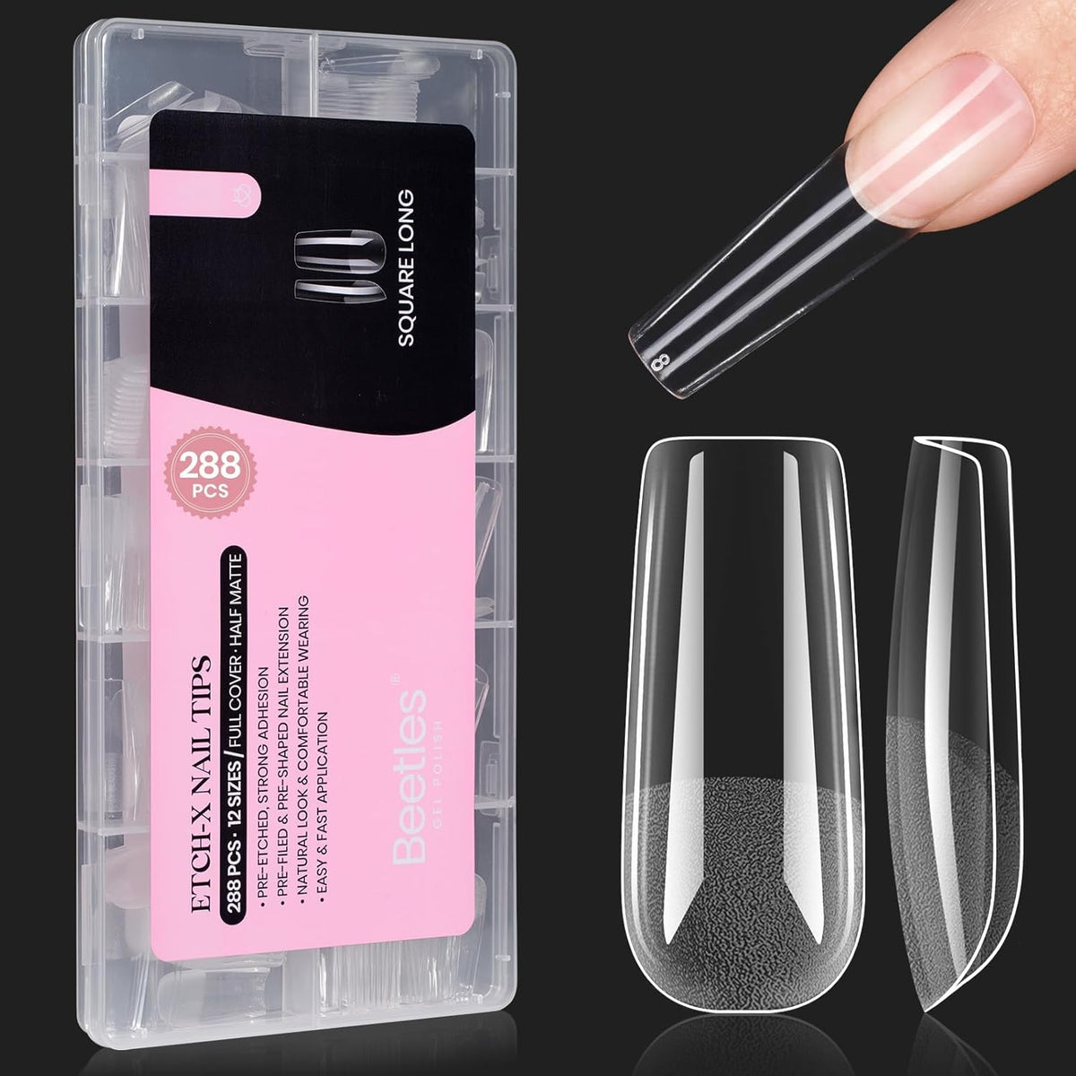Beetles Gel Nail Tips Long Square 10 Sizes, 288Pcs Pre Shaped Half Matte Press On Nails Gelly Tips