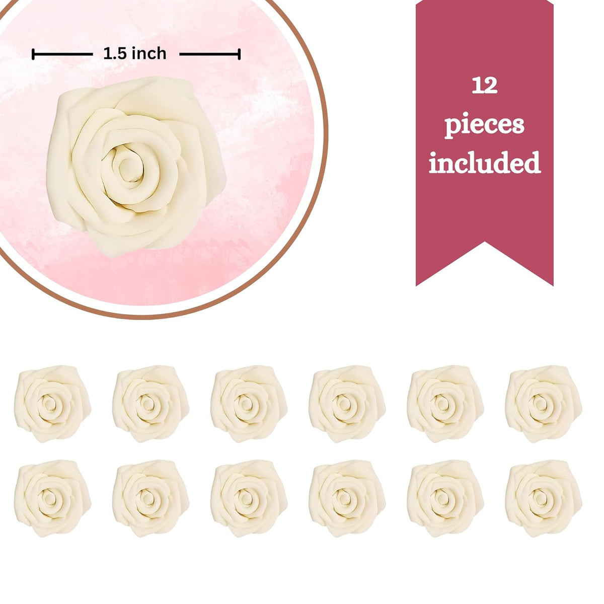 Confect Edible Ivory Rose Toppers – 12-Pack Classic Pearl Edible Roses for Cake, Cupcake Decorating