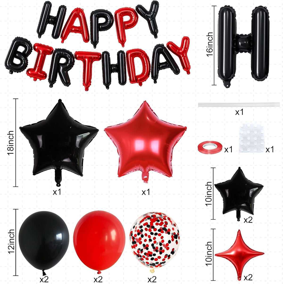 Happy Birthday Balloon Banner Red and Black, 16 Inch Mylar Foil Letter Balloons, Reusable Birthday