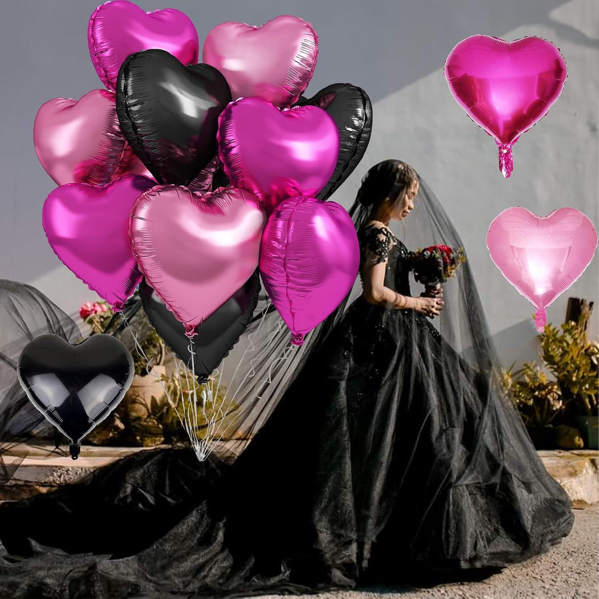 Pink Black Heart Foil Balloons, 12Pcs 18 Inch Hot Pink and Black Heart Shaped Foil Helium Balloon