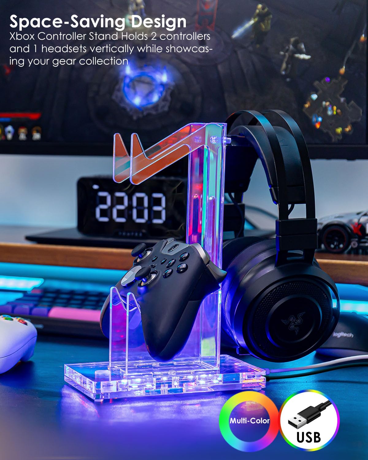 OAPRIRE Headset and Controller Stand with Lights, 2 Tier Acrylic Game Controller Holder, Controller