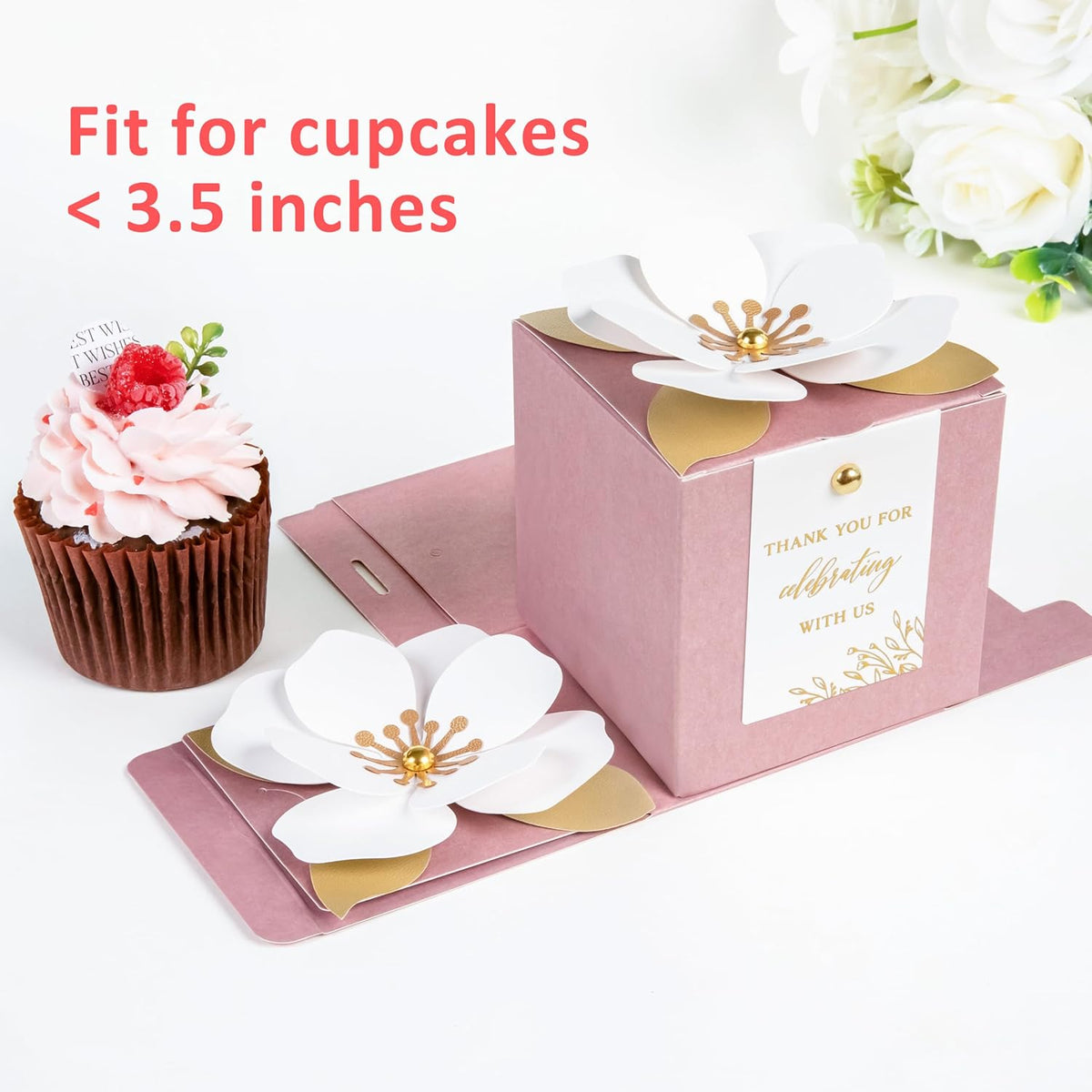 FEIYI 20 PCS Dusty Rose Gift Boxes, 3 In 1 Favor Boxes with Floral Decor, White Thank You Tags
