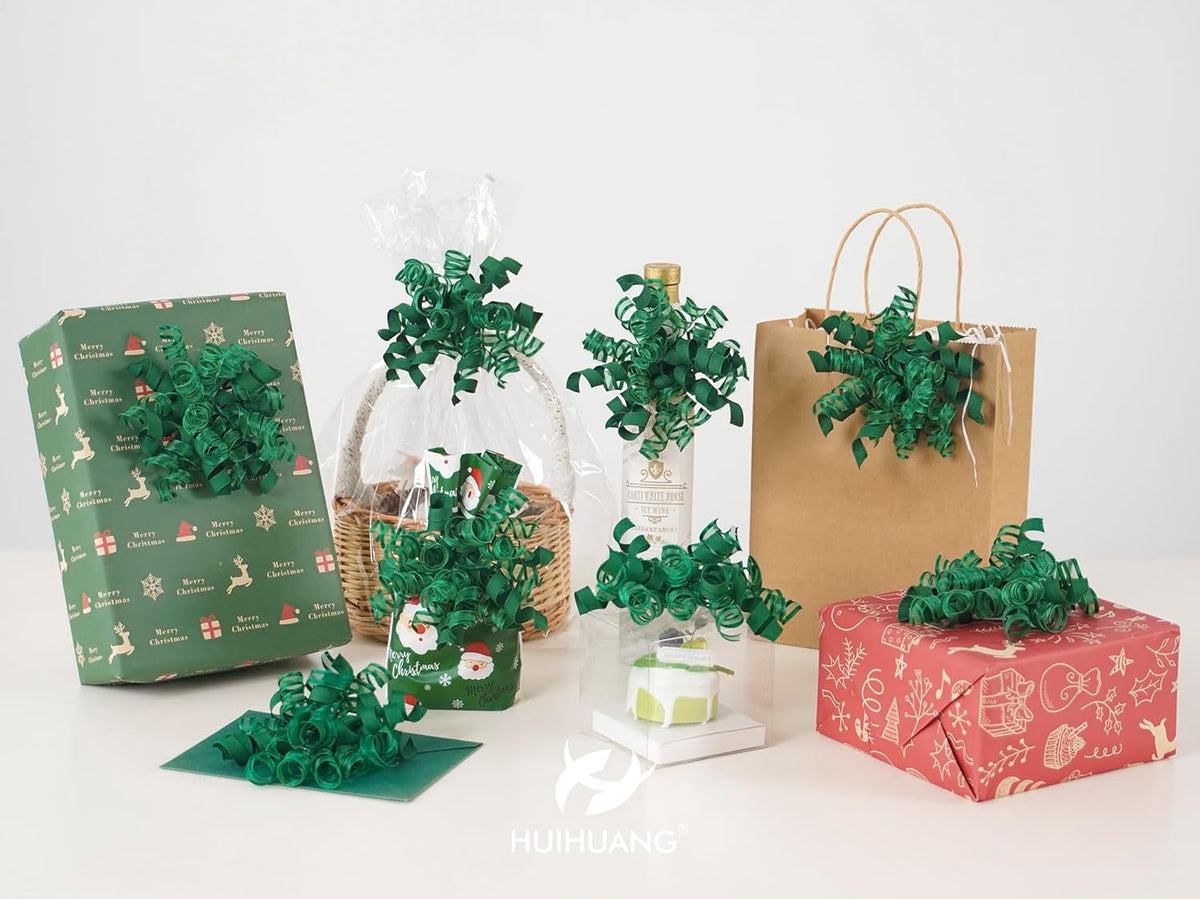 HUIHUANG Green Christmas Bows for Gift Wrapping Curly Gift Bow 5 inch x 8 Counts Forest Green