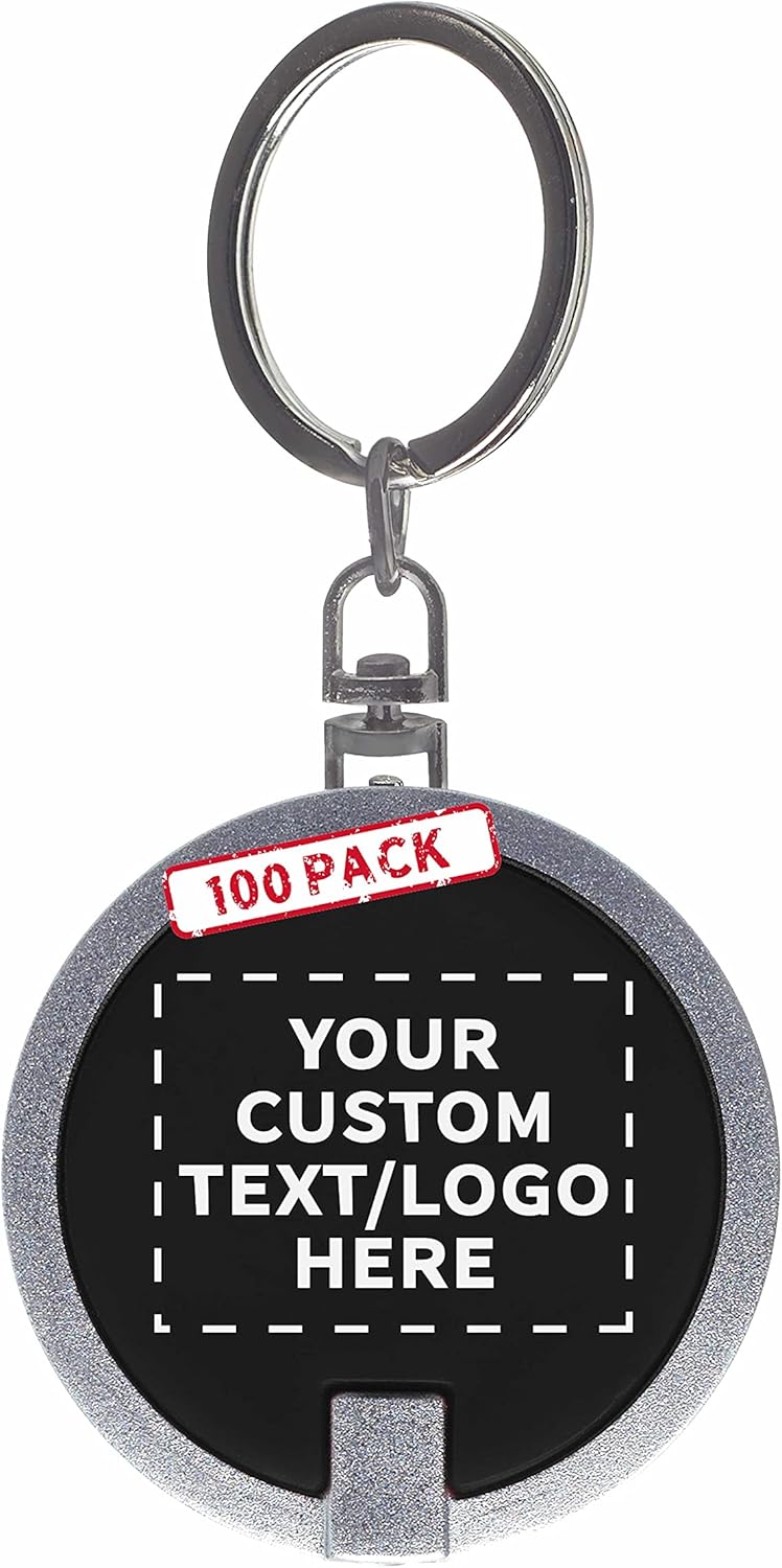 DISCOUNT PROMOS 100 Round LED Keychains - Customizable Text, Logo - Battery included, Plastic