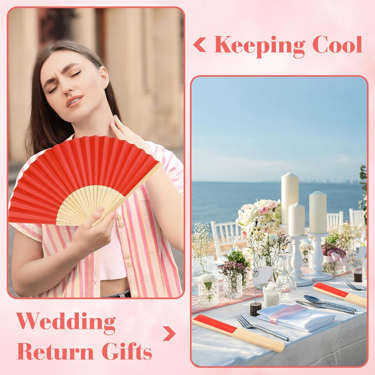 6 Pieces Red Hand Held Bamboo Folding Fans Foldable Paper Fans Handheld for Women Girls Wedding DIY