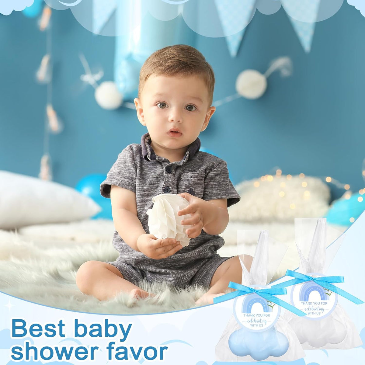 Demissle 20 Pcs Cloud Baby Shower Soap Favors Mini Handmade Soap Gifts with Thank You Card for