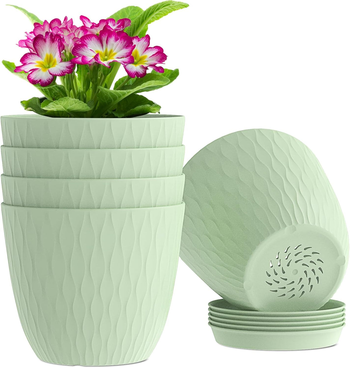 6 inch Plant Pots, 5 Pack Flower Pots with Drainage Holes and Saucers for Indoor Plants, Plastic