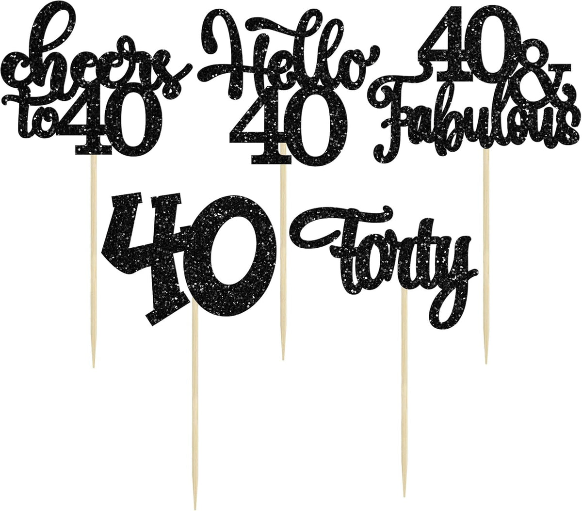 30pcs Happy 40th Birthday Cupcake Toppers - Black Glitter Forty Cheers to 40 Years Old Cupcake