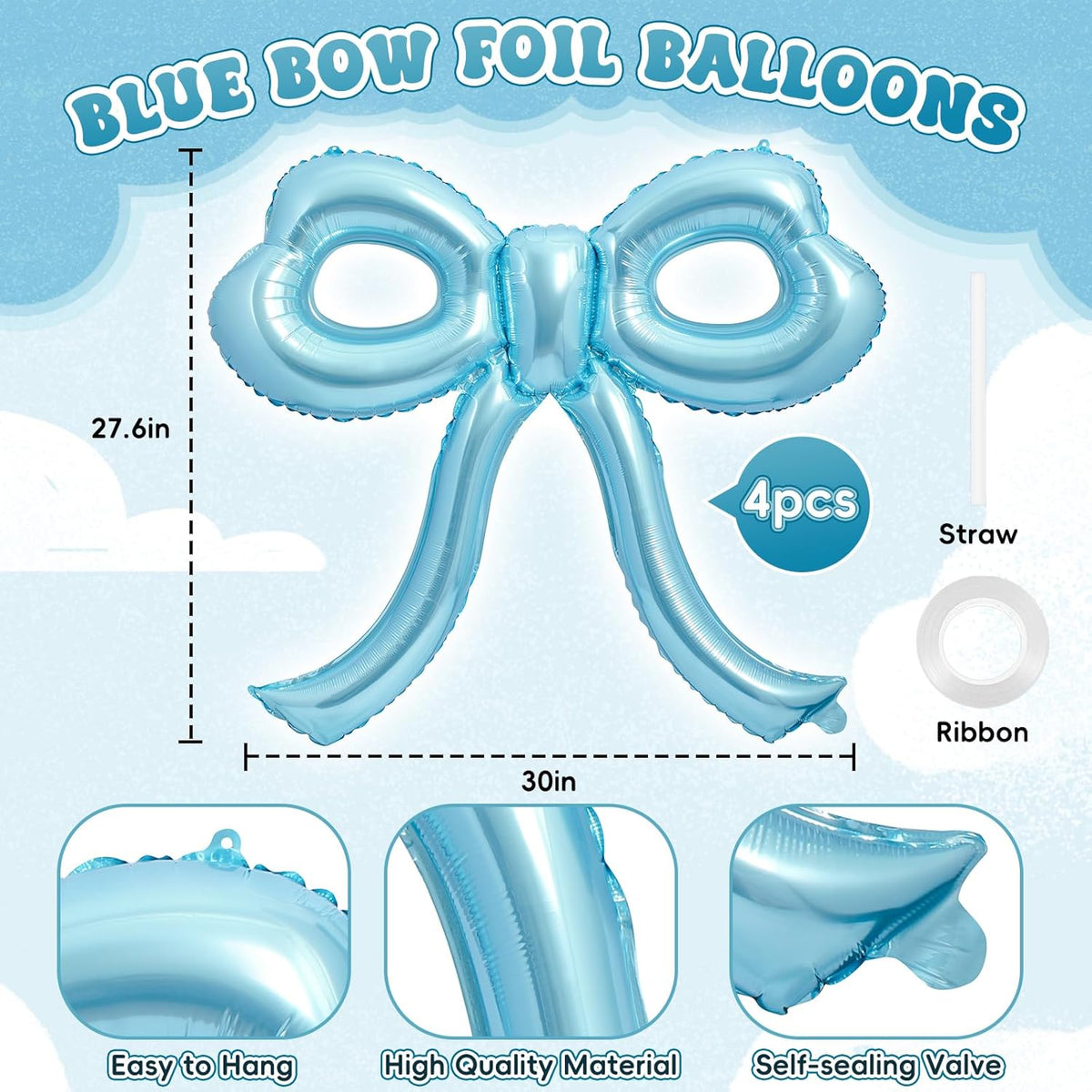 4 Pcs Blue Bow Balloons Bow Birthday Party Decorations for Girl Women Bow Decor Blue Birthday