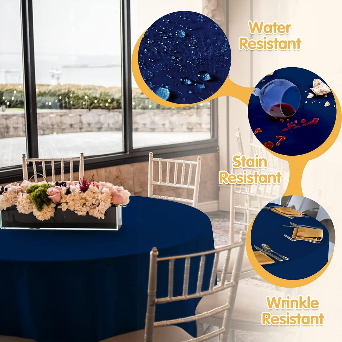 BRILLMAX 8 Pack Navy Blue Round Tablecloths 90 Inch - Circle Bulk Linen Polyester Fabric Washable
