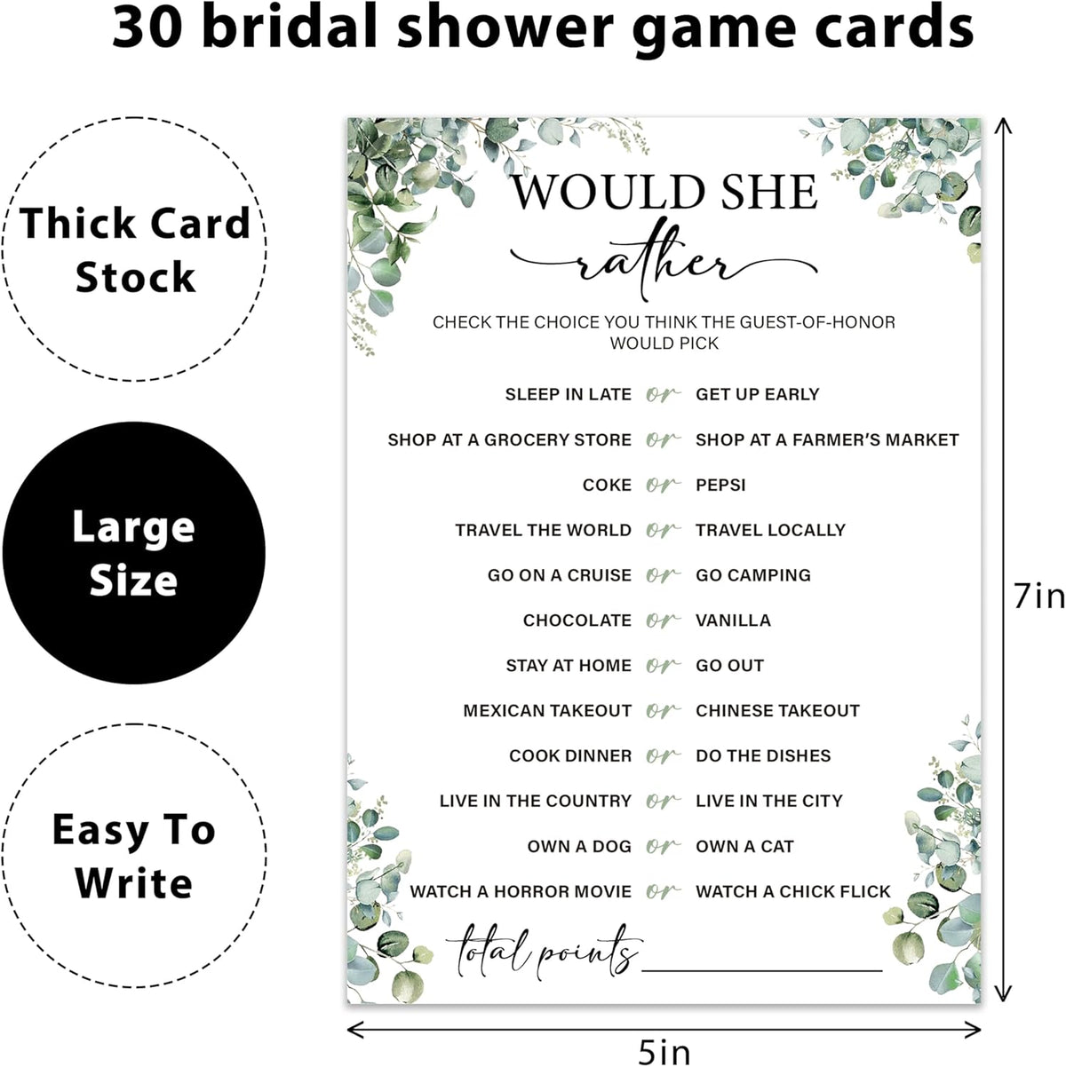 Eucalyptus Bridal Shower Game Cards - Would She Rather, Wedding Engagement Bachelorette Party