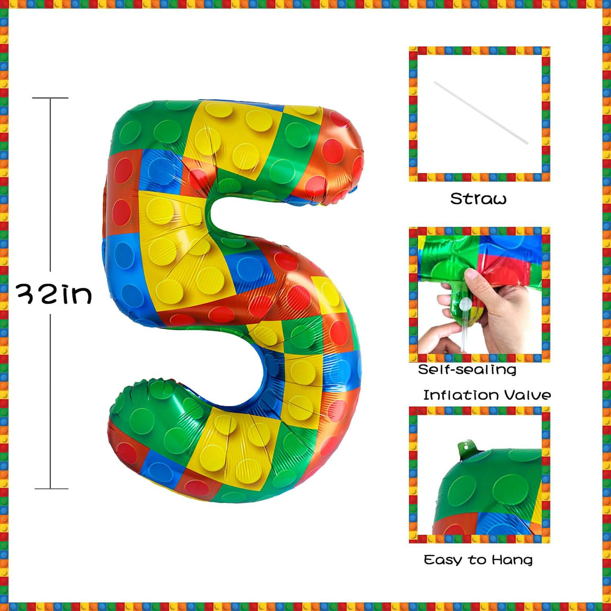 32 Inch Stackable Block Number Balloon – Colorful Brick Building Themed Big Helium Digits for Kids