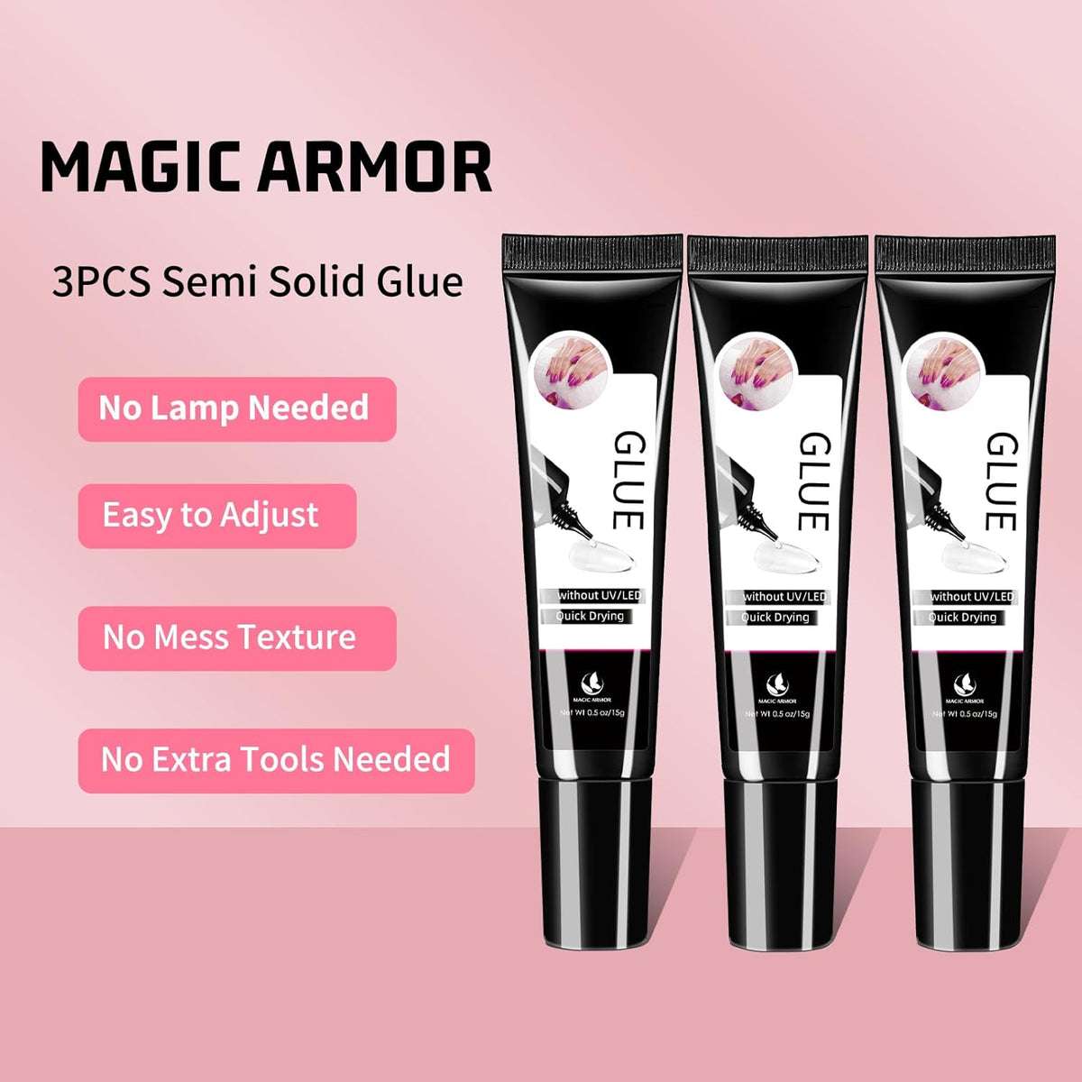 3Pcs Solid Nail Glue Gel for Press On Nail, No UV Lamp, Super Strong, Quick Drying, Semi Solid