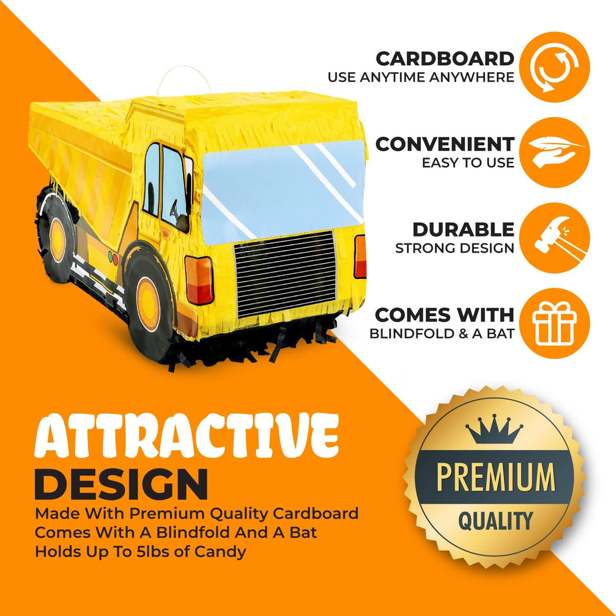 Small Dump Truck Pinata Bundle with a Blindfold and Bat(16 x 9 x 6.5 Inches), Kids Excavator Pinata