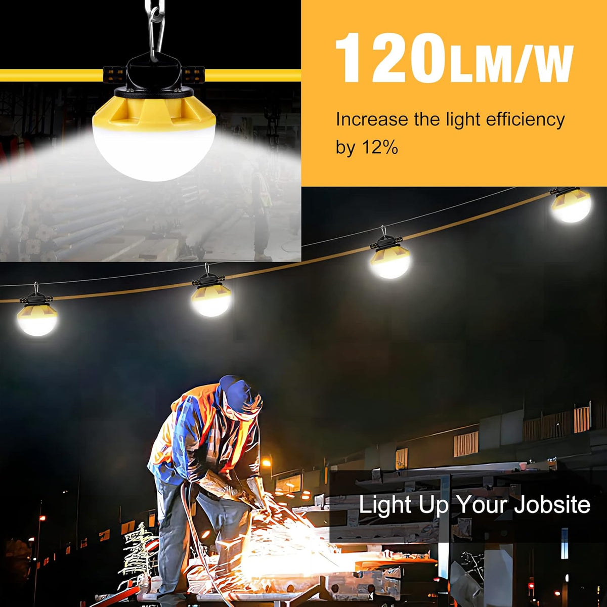 3-Prong 100FT Construction String Lights, IP65 Waterproof ETL Certified String Work Lights, 5000K