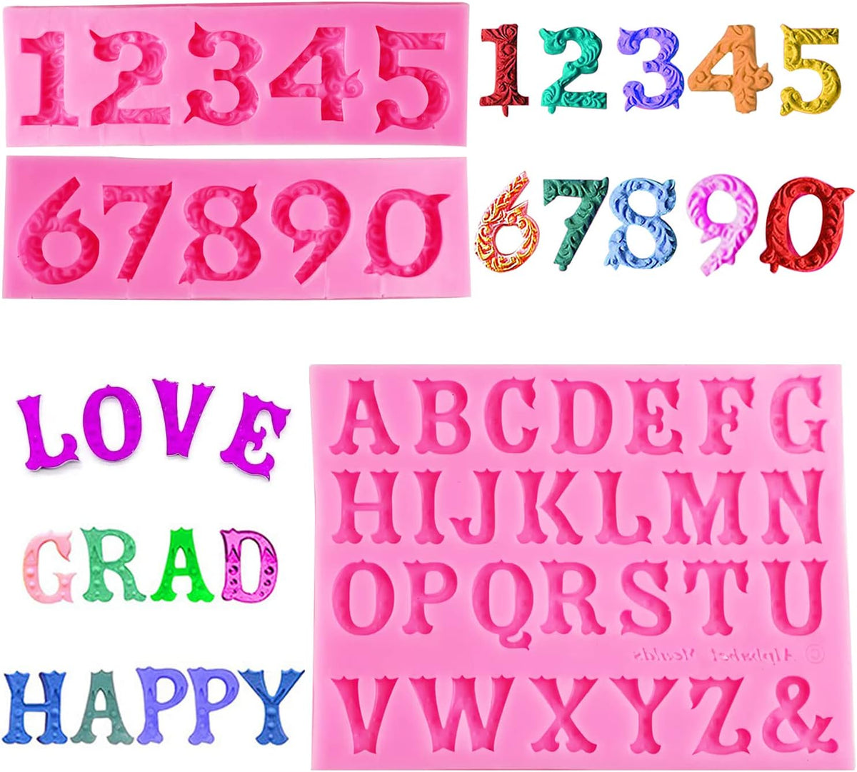 Silicone Fondant Molds, AIMEIKI 3 Pack 3D Silicone Number 0-9 Alphabet A-Z Embossed Fondant