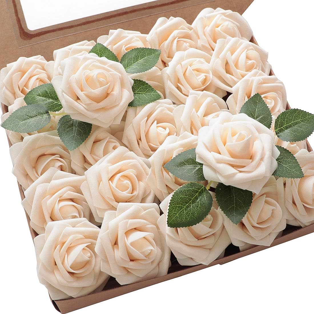 Floroom Artificial Flowers 25pcs Real Looking Cream Foam Fake Roses with Stems for DIY Wedding