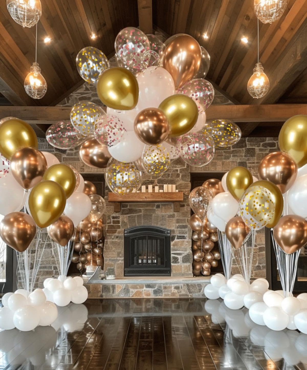 300 Pcs Rose Gold Confetti Balloons Set Lncludes 12 inch Gold White Rose Gold and Confetti