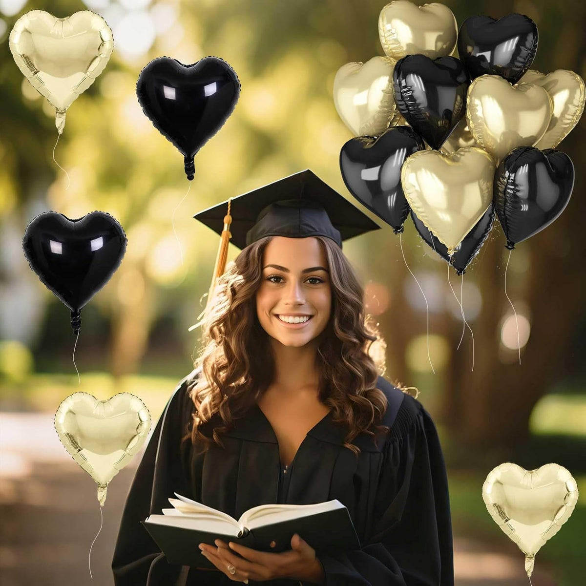 Black Gold Foil Heart Balloons, 18 Inch 10 Pcs Light Gold and Black Heart Shape Mylar Balloons