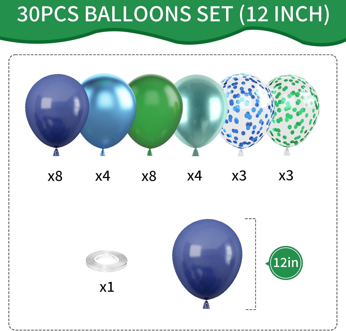 Blue and Green Balloon Set, 12 Inch Navy Blue Dark Green Balloons Metallic Chrome Ballons, Confetti