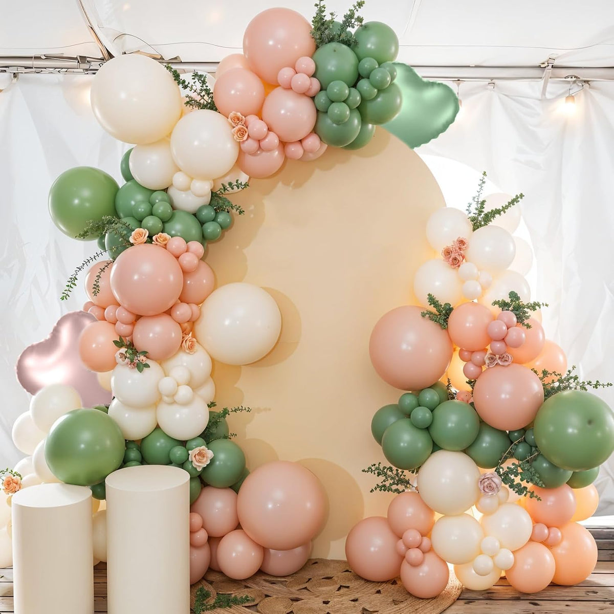 Pink and Green Balloons, 12 Inch Retro Sage Green Pink Nude Metallic Gold Confetti Balloons with