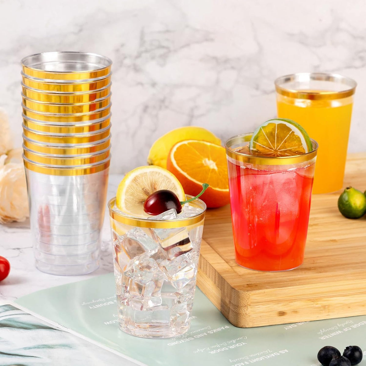 Goodluck 100PCS 10oz Gold Plastic Cups for Party, Disposable Gold Rim Cups, Plastic Cocktail