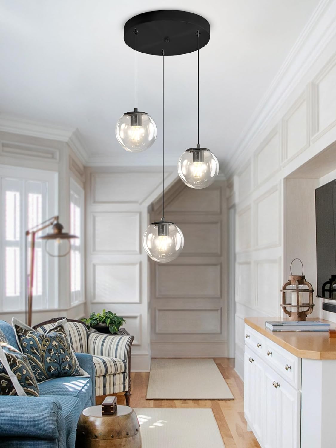 Globe Glass Pendant Light Modern Black Clear Globe Glass Chandelier Mid Century Chandelier 3-Light