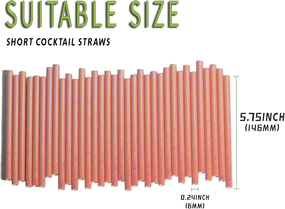 Short Paper Cocktail Straws Disposable, Iridescent Pink - 5.75 Inch Sip Stirrers, Drinking Straw