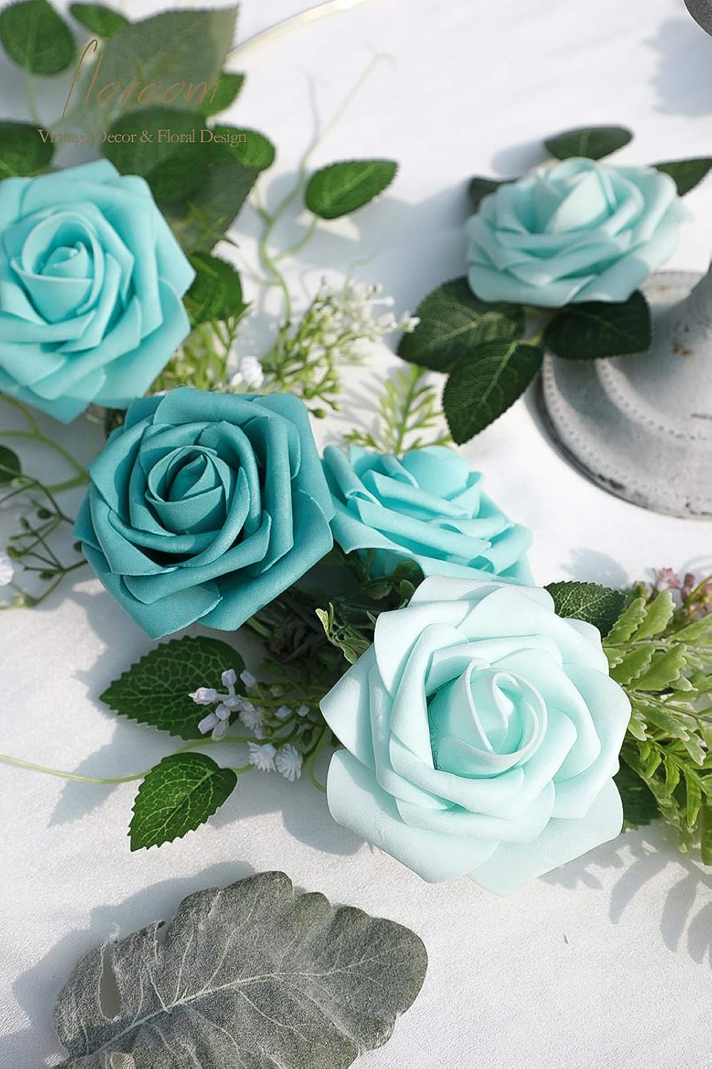 Floroom Artificial Flowers 25pcs Real Looking Green Ombre Colors Foam Fake Roses with Stems for DIY